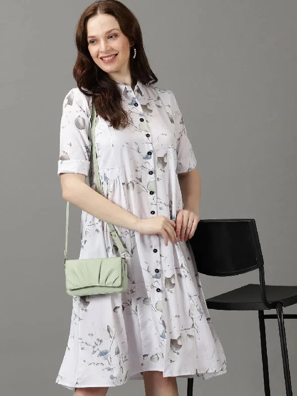 Women's White Printed Fit and Flare Dress-DF-1529-White