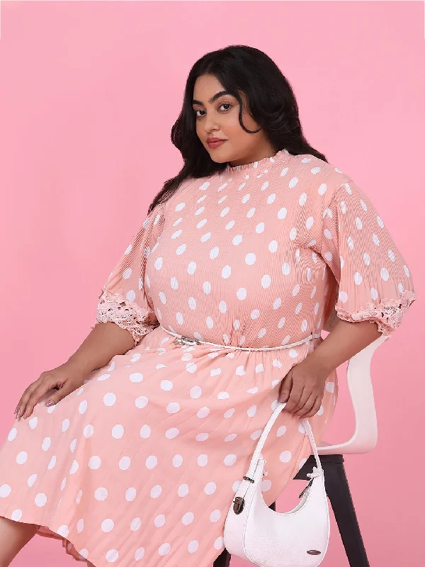 Women Polka Dots Peach Fit and Flare Dress with Belt-8I-7062-Peach