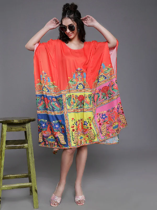 Women's Orange & Yellow Abstract Print Kaftan Dress - Aks