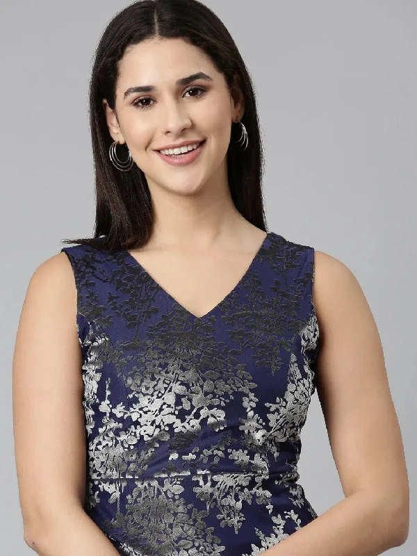 Women Navy Blue Printed Fit and Flare Dress-SP-6153-Navyblue