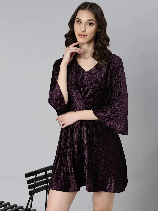 Women Purple Solid Fit and Flare Dress-AE-15940-Purple