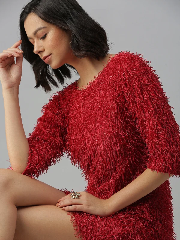 Women Solid Sheath Red Dress-CC-1736-Red