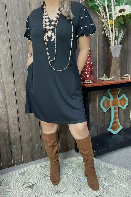 BQ15589 Black  bubble short sleeve w/pearl women dress w/side pockets