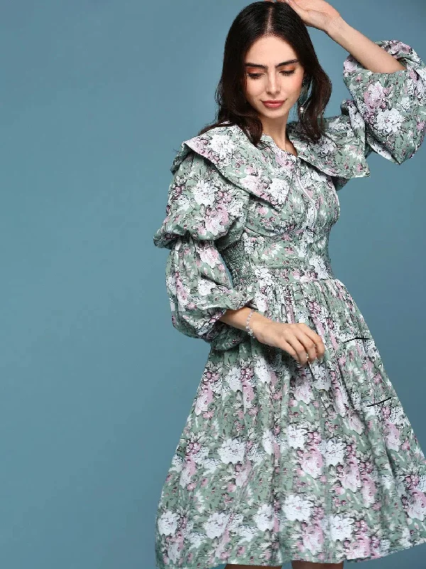 Women's Sea Green Printed Fit and Flare Dress-HQ-072-Seagreen
