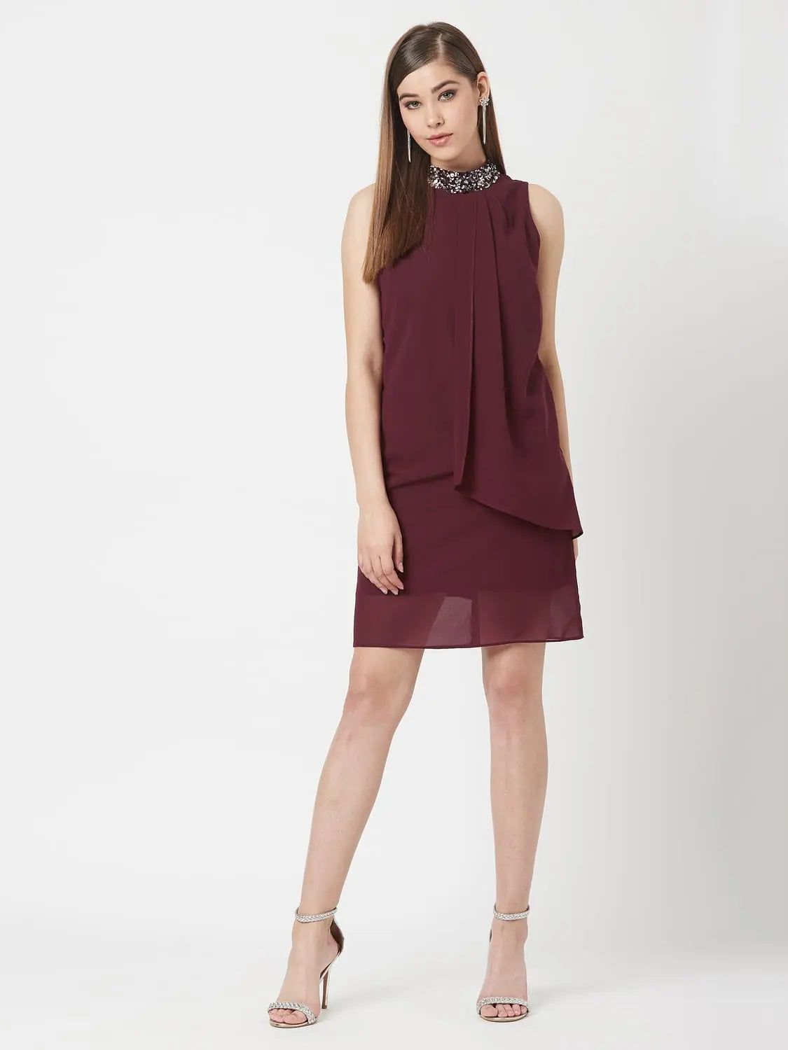 Strawberry Swing Sequin Collar Dress Wine Red