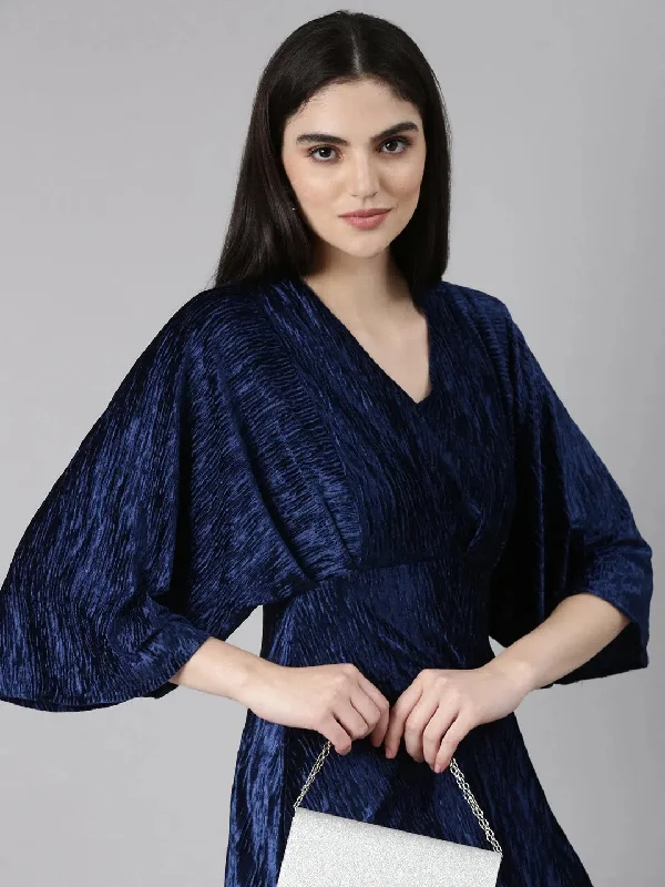 Women Navy Blue Solid Fit and Flare Dress-AE-15940-Navyblue