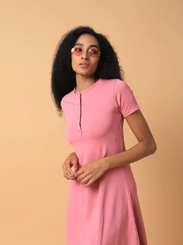 Women Solid Pink Midi A-Line Dress-AE-15890-Pink