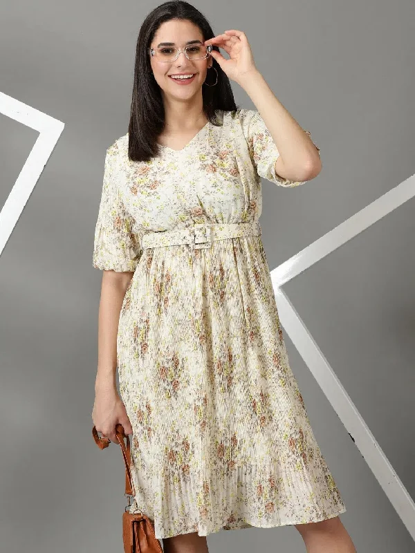 Women's Off White Printed Fit and Flare Dress-HQ-041-2-Offwhite