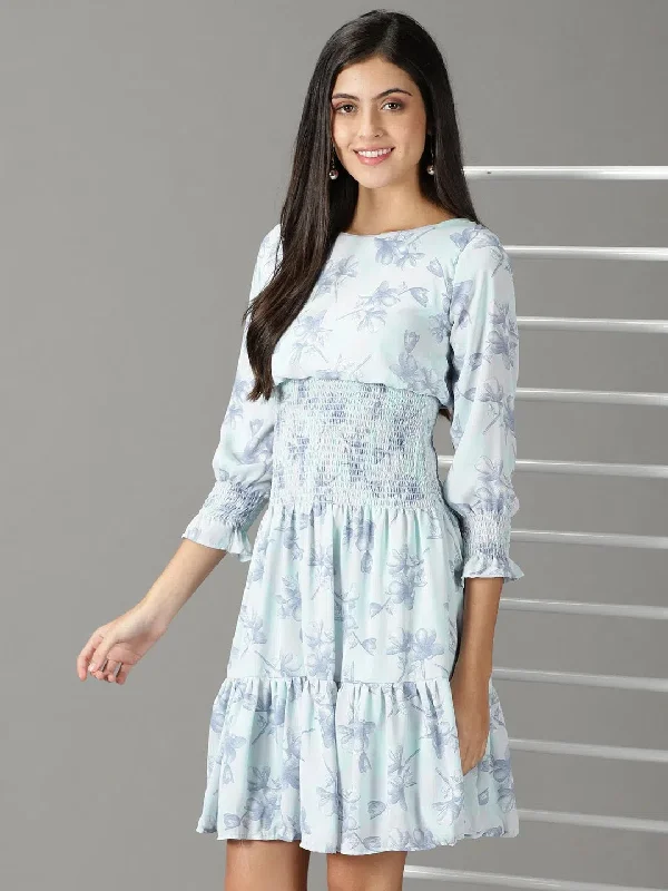 Women's Sea Green Printed Fit and Flare Dress-AE-15876-Seagreen