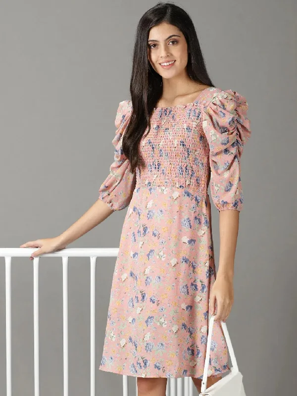 Women's Pink Printed Fit and Flare Dress-AE-15883-Pink