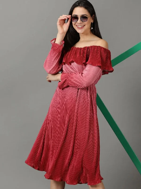 Women's Red Solid Fit and Flare Dress-HQ-002-Red