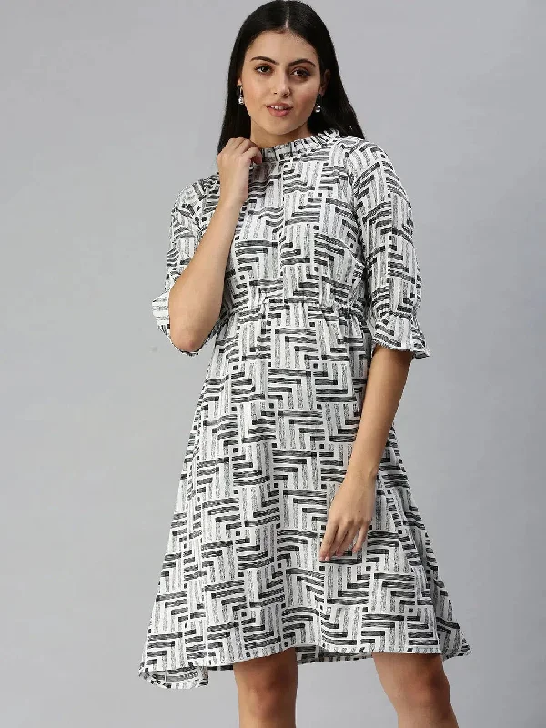 Women White Printed A-Line Dress-AE-9924-Whiteblack