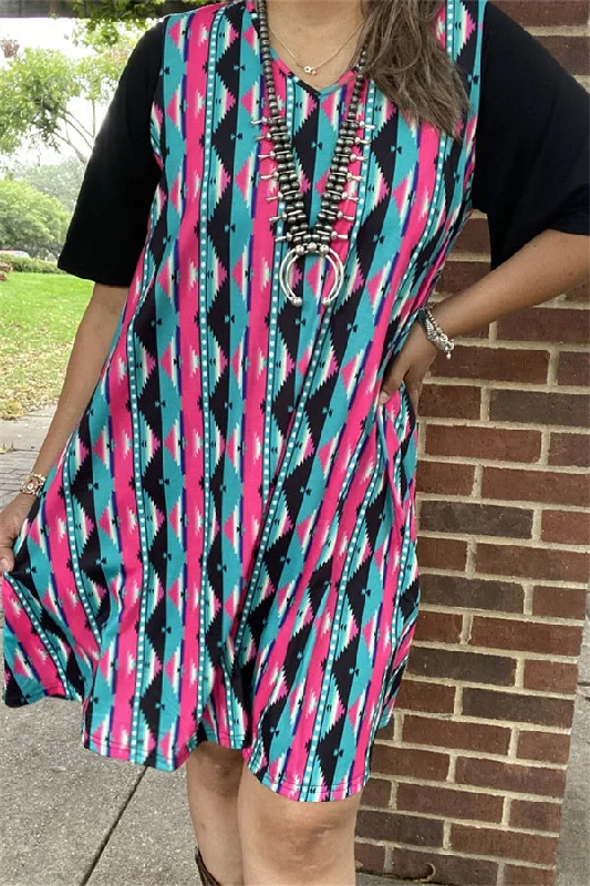 YMY15527 Turquoise&fuchsia color printed black short sleeve w/side pockets women dresses