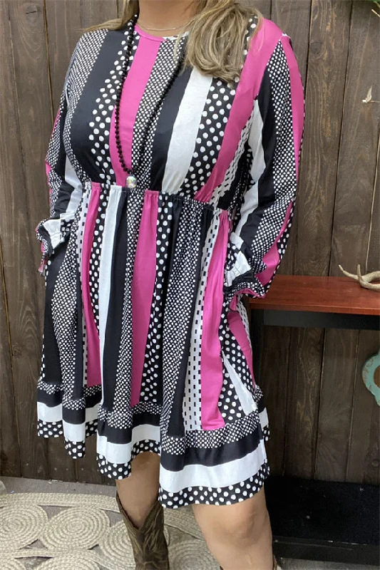 GJQ15313 Dots&multi color striped printed long sleeve w/elastic ruffle cuff w/side pockets women dress