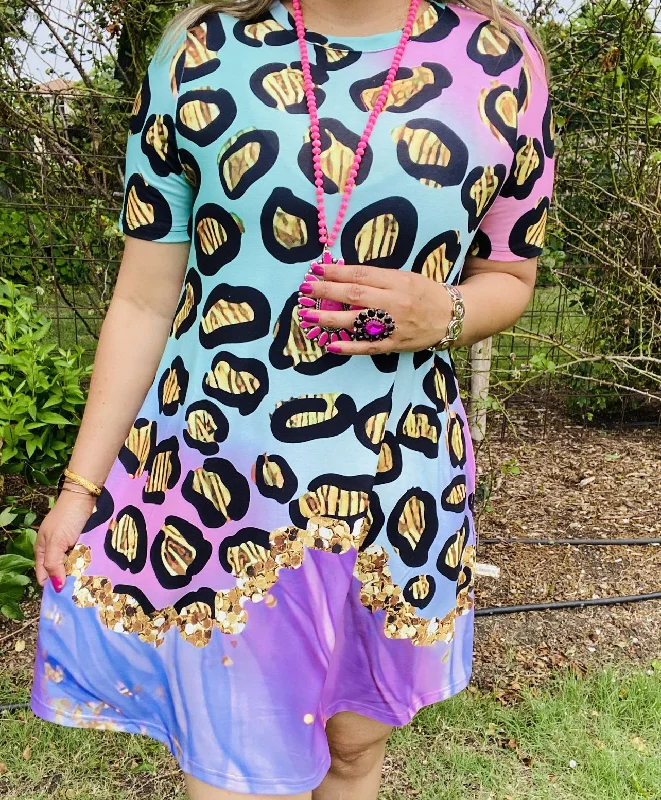 XCH14849 Gold leopard tie dye multi color printed short sleeve women dress 
