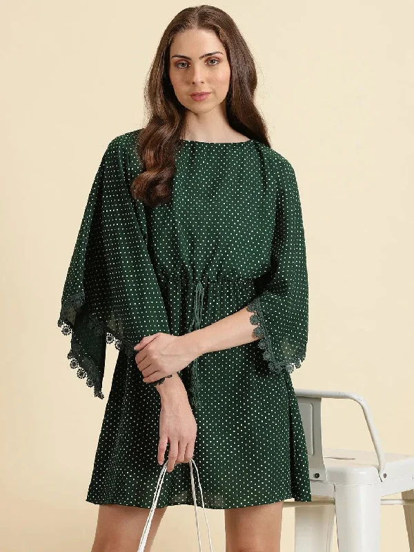 Women's Green Printed Fit and Flare Dress-AE-15790-Green