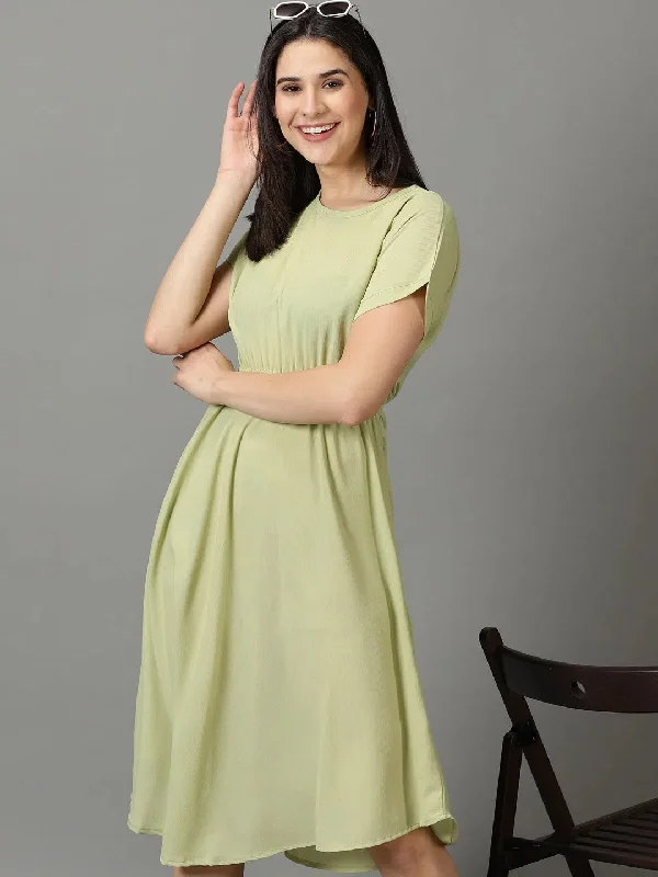 Women's Green Solid Fit and Flare Dress-AE-9871-Green