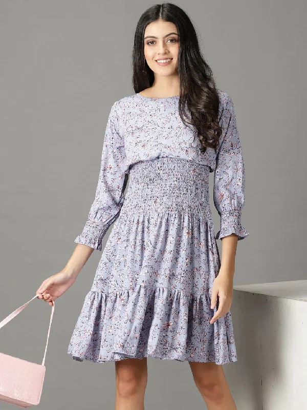 Women's Blue Printed Fit and Flare Dress-AE-15878-Blue