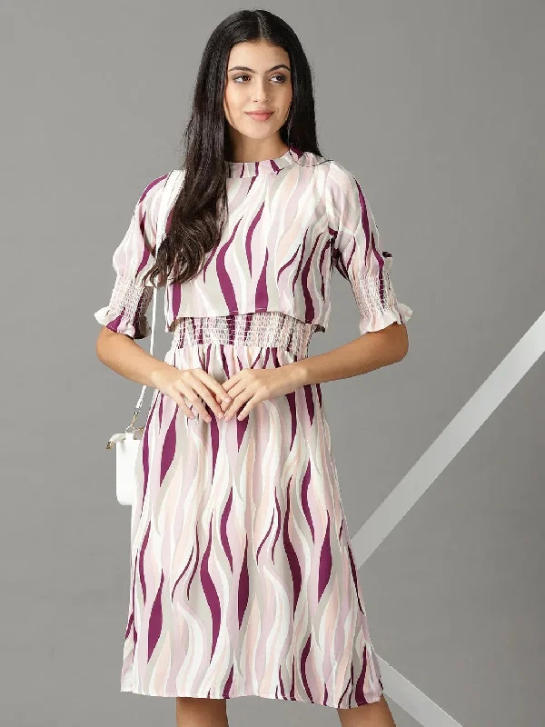Women's Off White Printed Fit and Flare Dress-AE-15861-Offwhitelavender