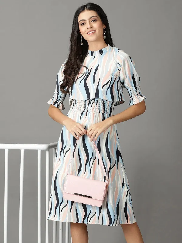 Women's Off White Printed Fit and Flare Dress-AE-15861-Offwhiteblue