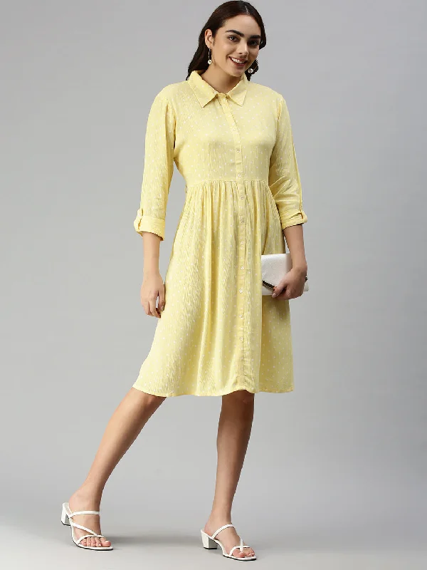 Women Self Design Shirt Style Yellow Dress-RF-SM-02-Yellowwhite