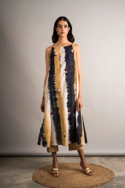 STRIPED TIE-DYE EMBROIDERED DRESS