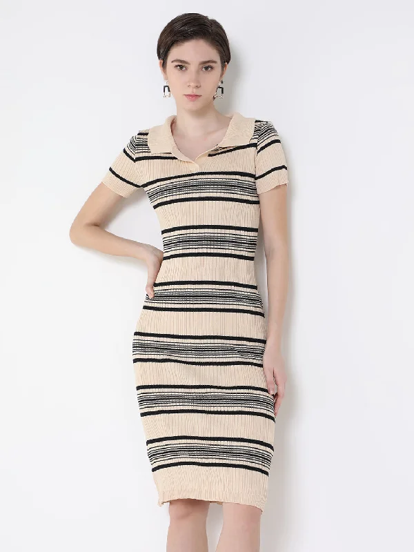 Women Solid Cream Fit and Flare Dress-BEC-27-Cream