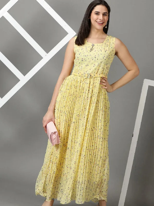 Women's Yellow Printed Fit and Flare Dress-KG-507-Yellow