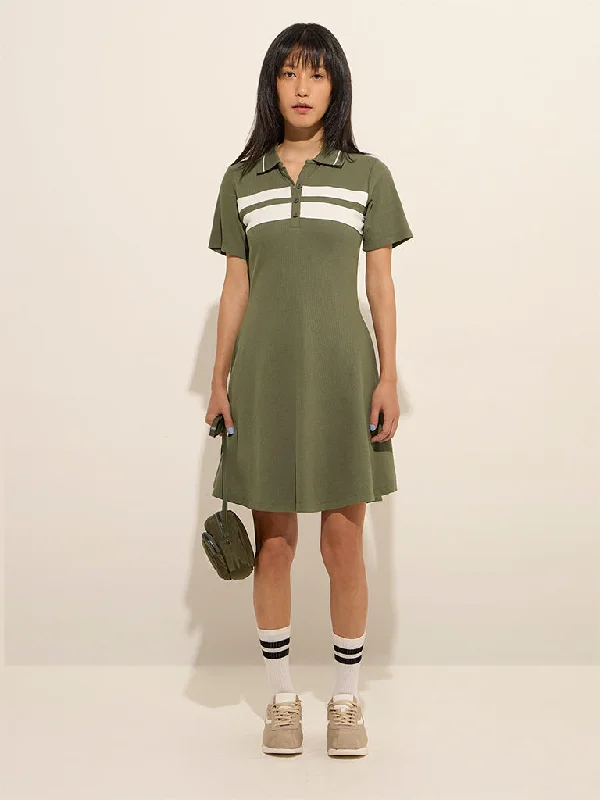Studiofit Olive Ribbed A-Line Skater Cotton Blend Dress
