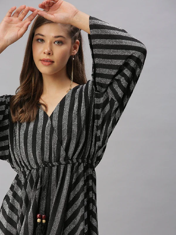 Women V-Neck Striped Empire Silver Dress-SPN-8520-Silver