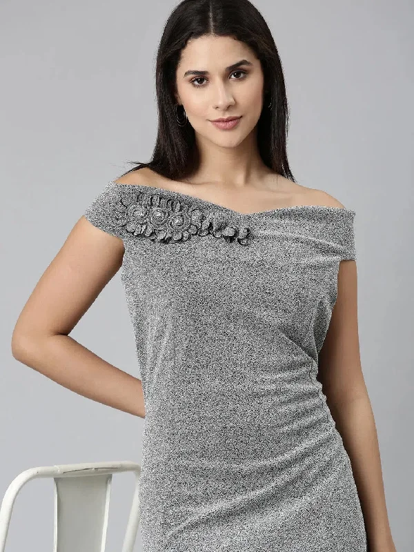 Women Silver Embellished A-Line Dress-TE-119-Silver