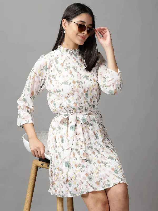 Women's White Floral Fit and Flare Dress-HQ-32-Whitegreen
