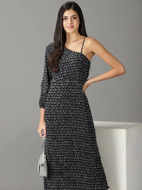 Women's Black Printed A-Line Dress-AE-15827-Black