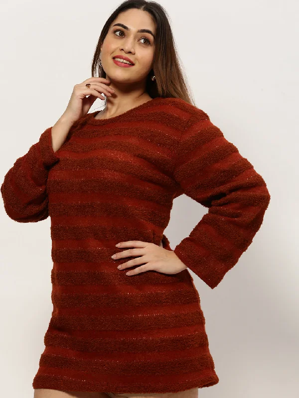 Women Rust Self Design A-Line Dress-DQ-17-482-T2-Rust