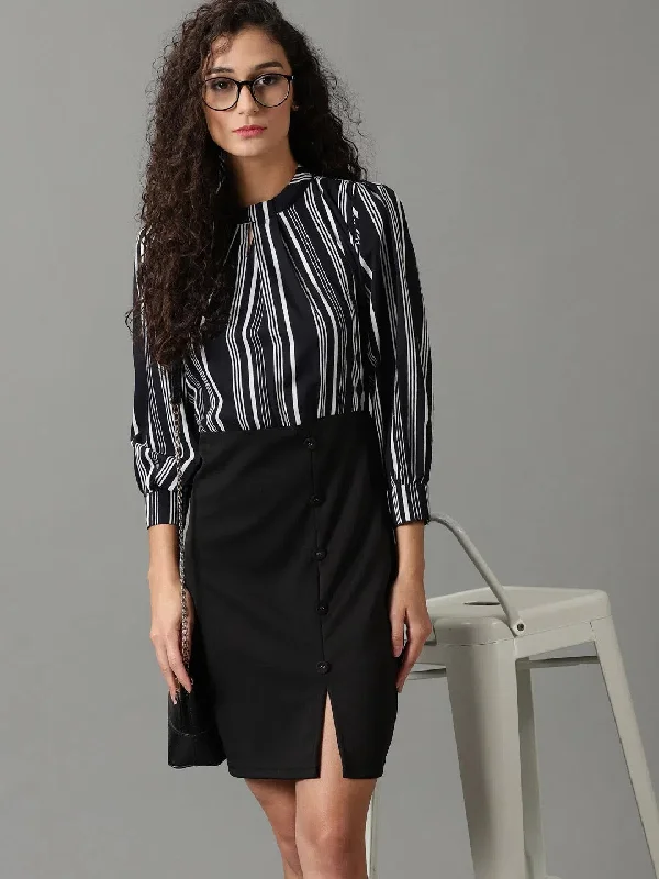 Women's Black Striped Fit and Flare Dress-AE-15759-Black