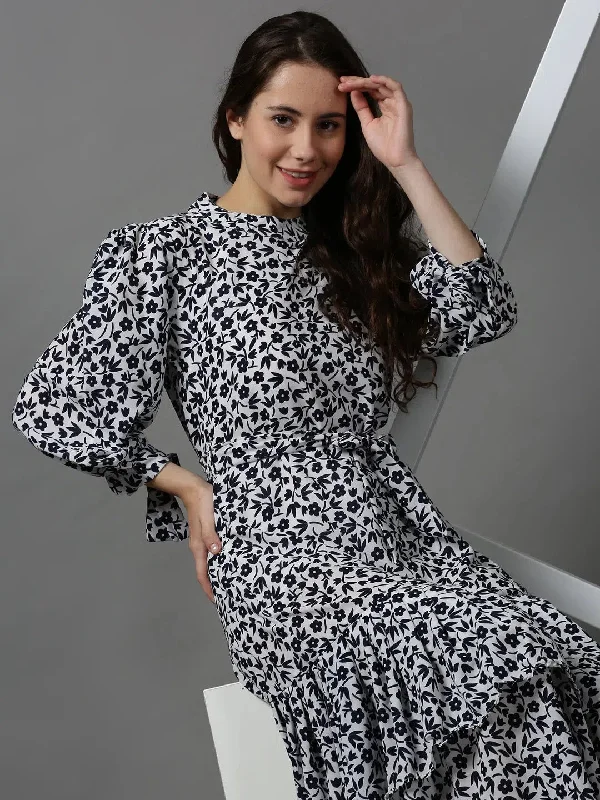Women's White Printed Drop-Waist Dress-AE-15621-White