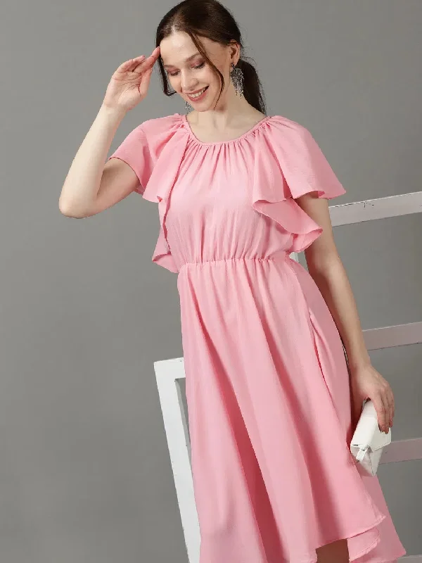 Women's Pink Solid Fit and Flare Dress-AE-9874-Pink