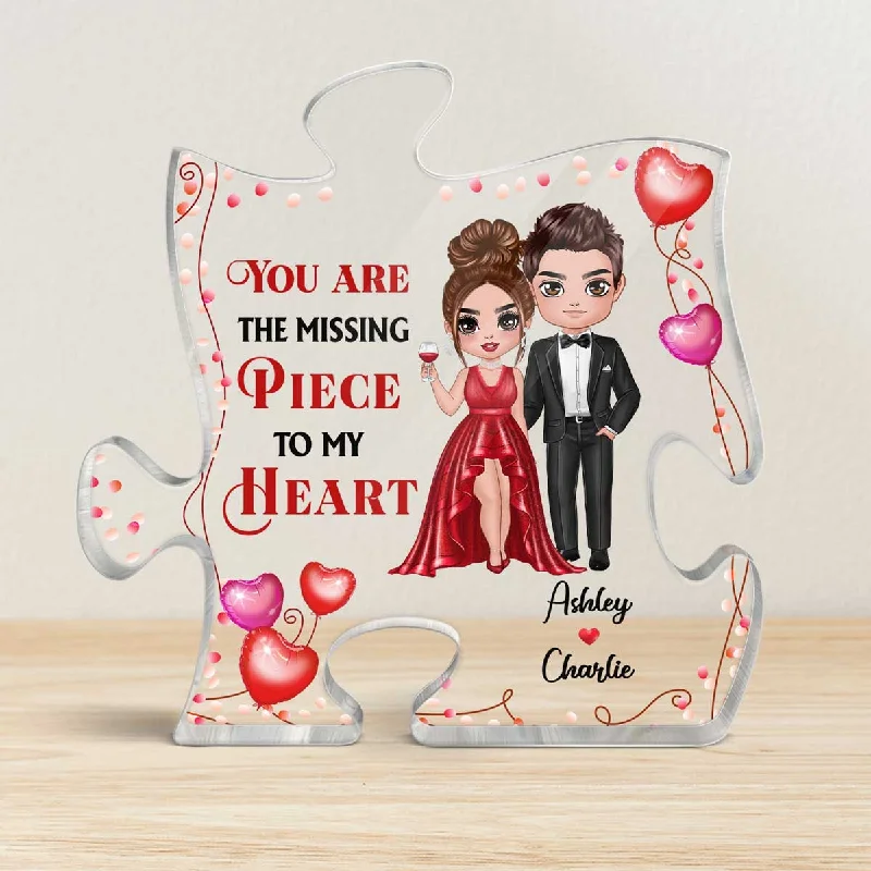 You Are The Missing Piece Dressed Up Doll Couple Heart Balloons Personalized Puzzle Acrylic Plaque - Anniversary Gift For Couple - Gift For Him, Gift For Her
