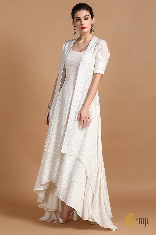 Off-White Pure Khaddi Georgette Handwoven Banarasi Flared Dress & Overlay