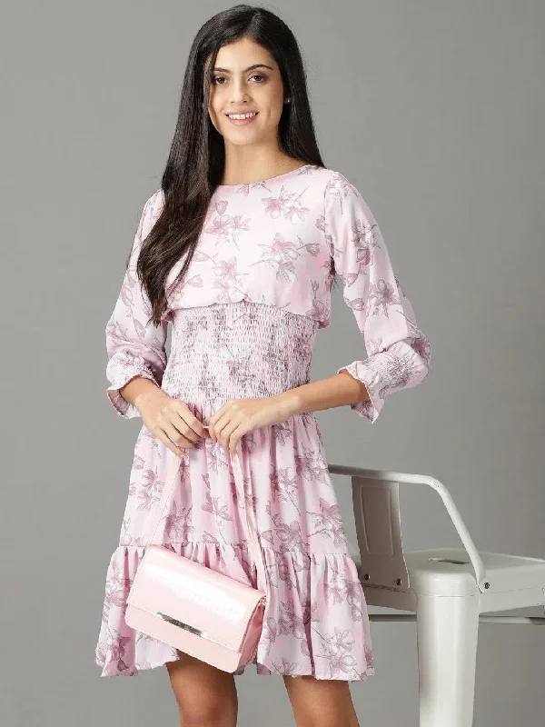 Women's Pink Printed Fit and Flare Dress-AE-15876-Pink