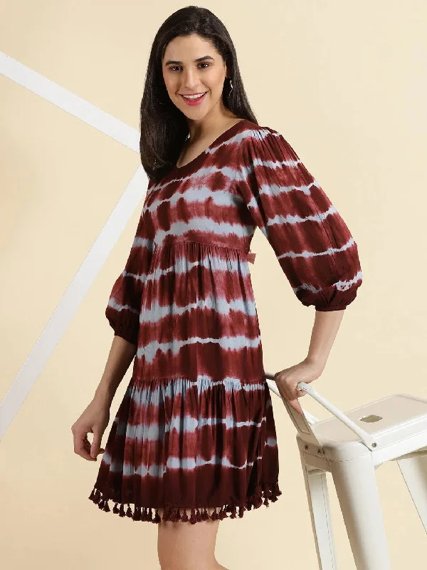 Women's Burgundy Tie Dye Fit and Flare Dress-ON-310-Burgundy
