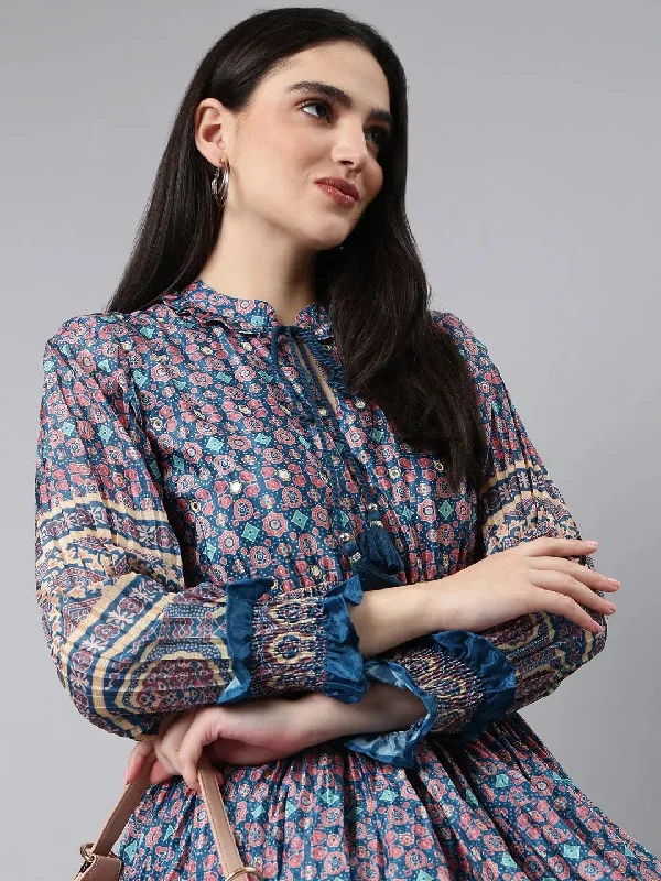 Women Blue Geometrical Fit and Flare Dress-BC-CK-1015-Blue