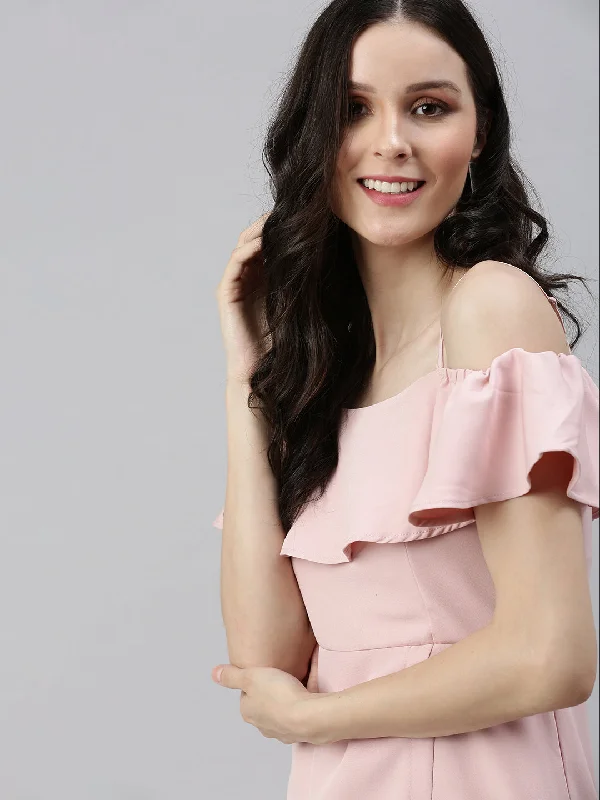 Women Off-Shoulder Solid A-Line Pink Dress-SH-6103-Pink