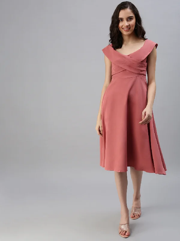 Women Boat Neck Solid Fit and Flare Taupe Dress-SH-6168-Taupe