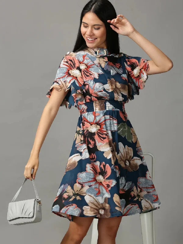 Women's Teal Printed Fit and Flare Dress-AE-15741-Teal