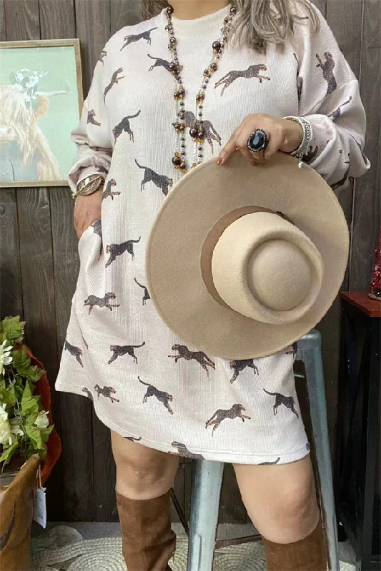 GJQ15670 Jumping panther animal printed in the beige background fabric long sleeve women dress w/side pockets