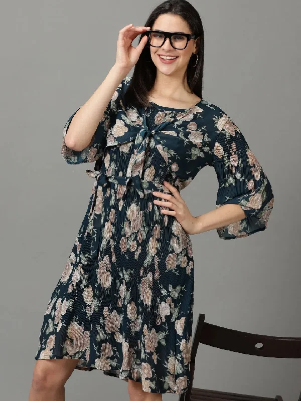 Women's Teal Printed Fit and Flare Dress-EA-1031-Teal