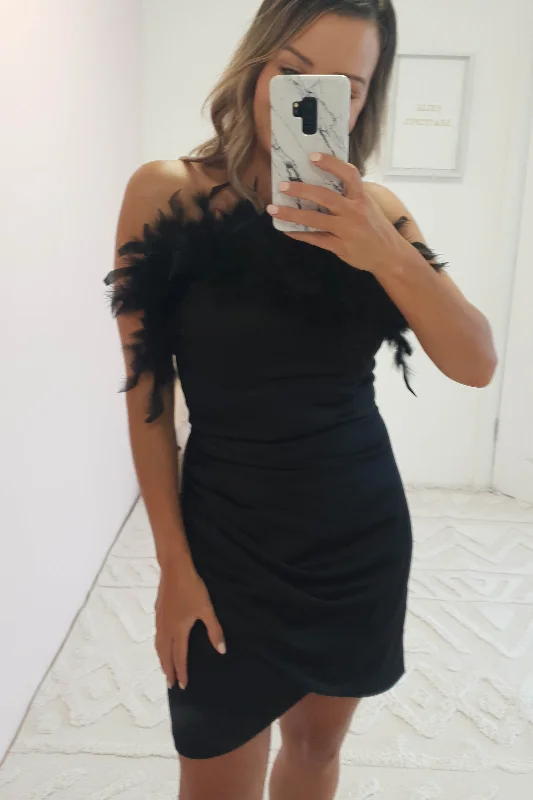 Amaya Faux Feather Detail Mini Dress | Black Classic Striped Mini Dress