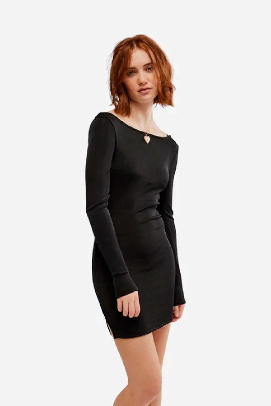 Free People Call Me Later Long Sleeve Mini Dress in Black Casual Mini Dress with Pockets