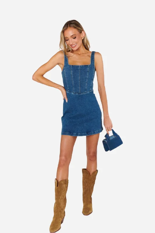 Show Me Your Mumu Corset Mini Dress in Blue Indigo Chic Mini Dress with V-Neck